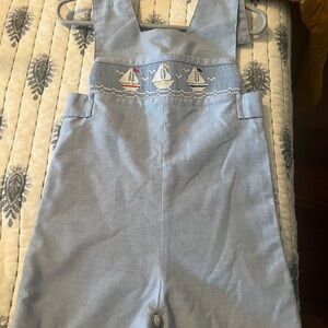 Light Blue Embroidered Sailboat Kids Overalls